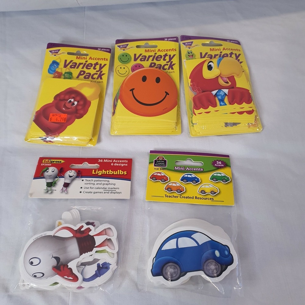 Teacher Resource 6 packs Mini Accents:‎ Car Lightbulb Candle Animals Smiley Face